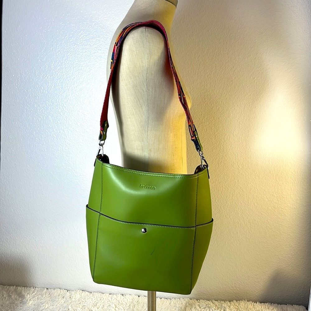 Bromen Green Leather Shoulder Bag Multicolor Removable Strap Boho Style Large